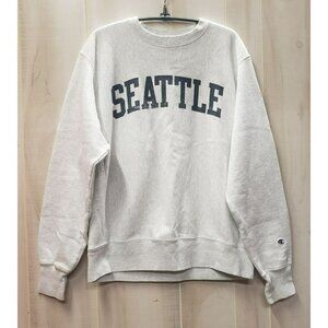 Champion Reverse Weave Sweatshirt, Med, Gray, Side gusset, SEATTLE Spell out